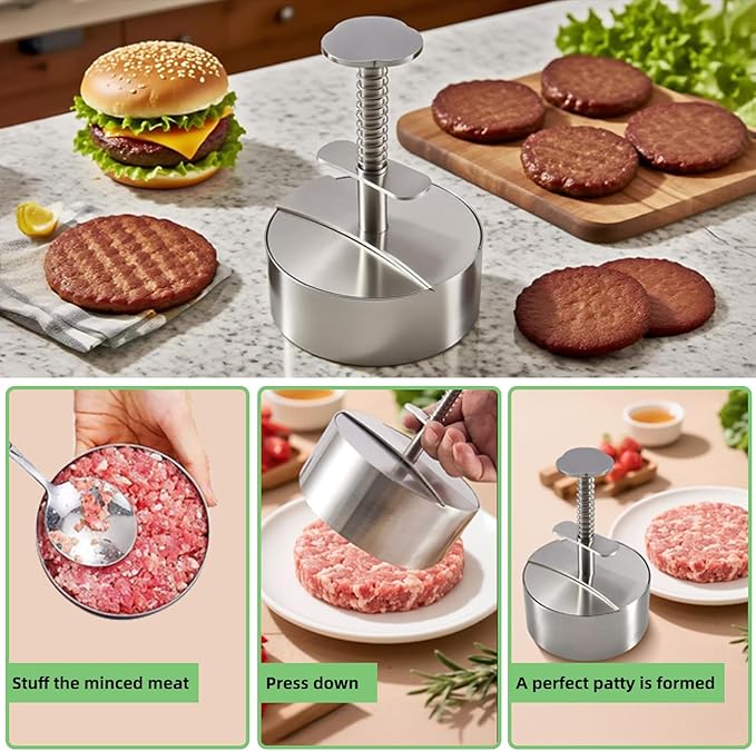 304 Stainless Steel Burger Press, Heavy Duty Adjustable Hamburger Meat Press Maker, Non-Stick Stuffed Patty Molds with150 PCS Hamburger Patty Paper for Beef, Vegetables, Meat, BBQ, Party Grill