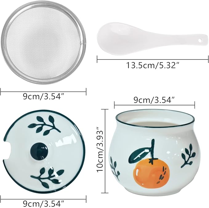 Koythin Ceramic Bacon Grease Container with Strainer, 23 oz Suitable for Storing Frying Oil and Cooking Grease (Tangerine)