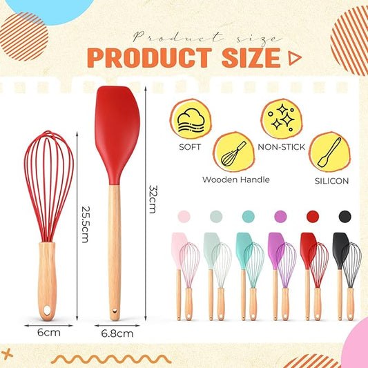 12 Pcs Small Silicone Whisks and Spatulas with Wooden Handle for Cooking 10 Inch Mini Whisk Spatula Non Stick Kitchen Baking Essentials Cookware for Valentines Day Party Favor Gift Supplies