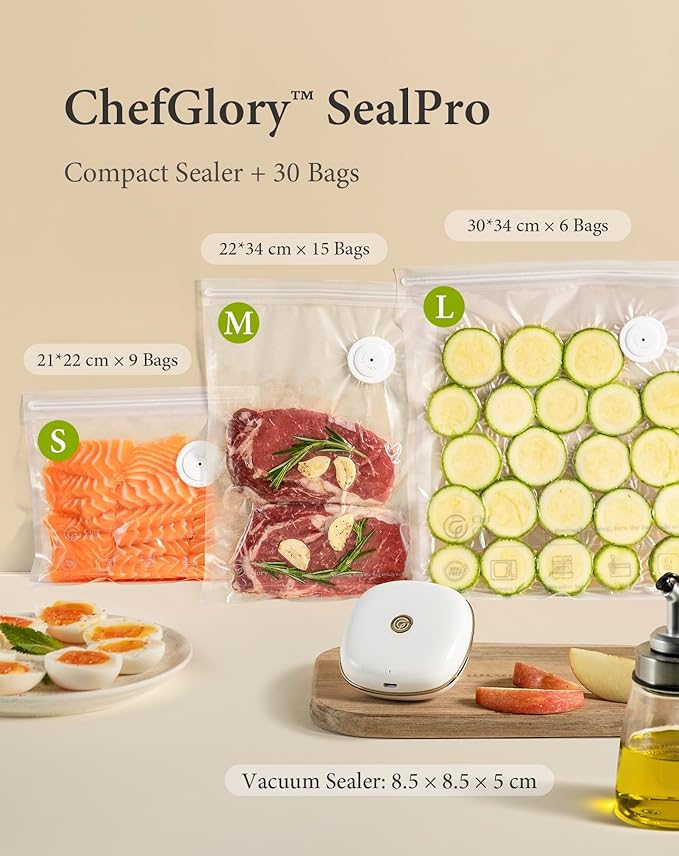 ChefGlory SealPro Compact Food Vacuum Sealer, 30 Bags Included (White)