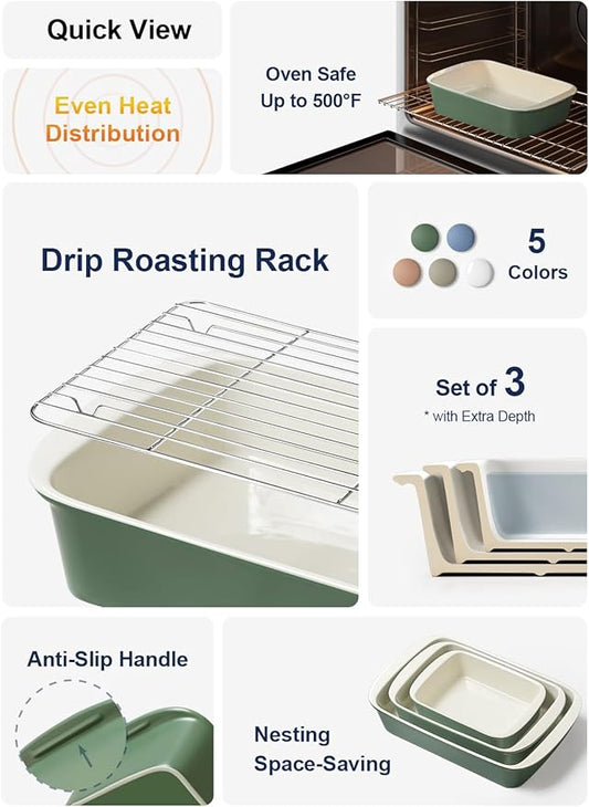 LE TAUCI Deep Casserole Dishes for Oven, 13.7”x9.6” Ceramic Baking Dish Set with Roasting Racks, Large Lasagna Pans with Handles, Rectangular Bakeware as Gift for Mom, Forest Green (4.6QT/3.0QT/1.6QT), Set of 3