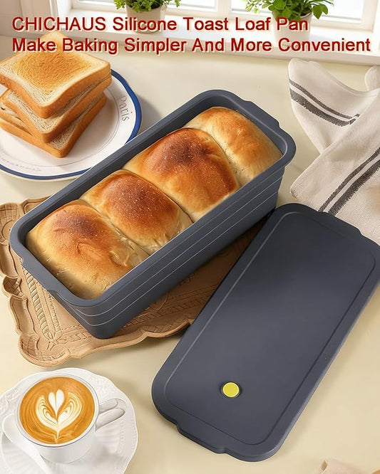 CHICHAUS Large size foldable silicone bread loaf pan with lid,11x4.7 Inch easy to store non stick Bread Baking Pans,Sourdough Bread Pan with Baking Tool Supplies Kit for Homemade Bread, Cake