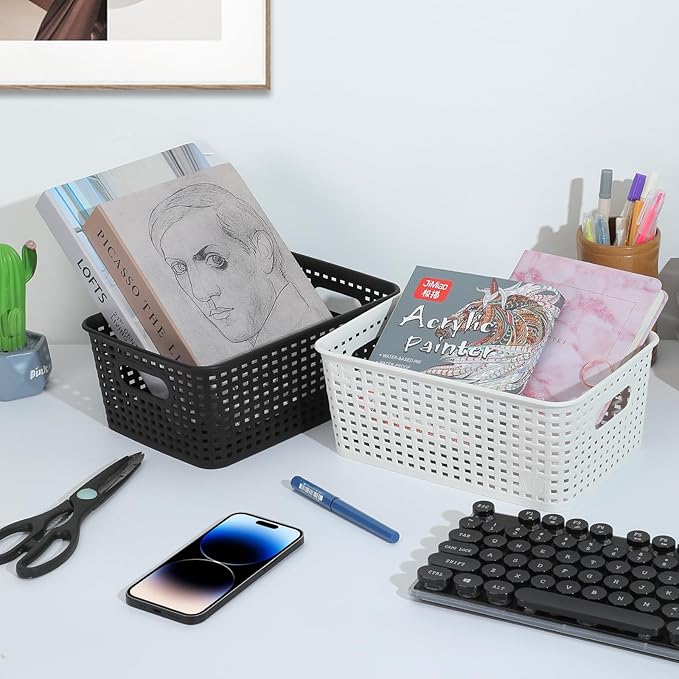 AREYZIN Plastic Storage Baskets Set of 6 Sturdy Pantry Organizers and Storage Bins Storage Container for Shelves, Countertops, Desktops, Cabinets, Bedrooms,White