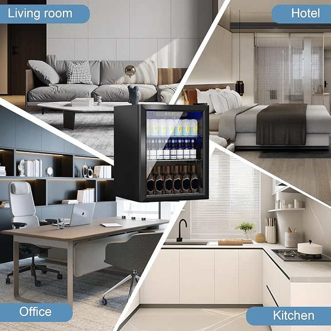 Stopasd Compact Beverage Refrigerator, 1.6 Cu.Ft/70 Can Drink Fridge, with Glass Door, Adjustable Shelves & Digital Display, Quiet Undercounter Small Fridge for Home/Office/Bar/Garage,Sliver