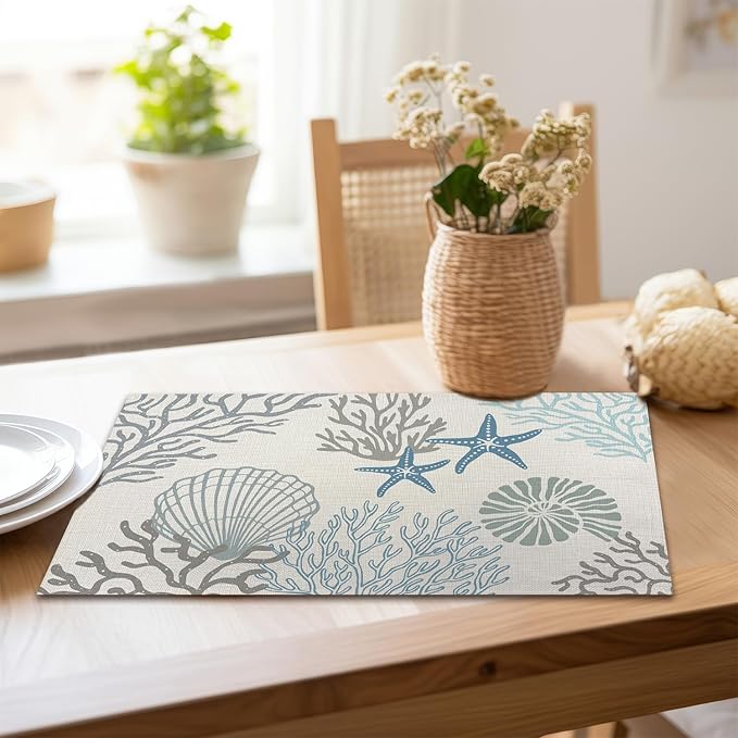 Coastal Placemats Starfish Beach Theme Ocean Seashell WashableTablemats Resistant Place Mats Kitchen Decor Dining Decoration for Party, Nautical Placemats Set of 4-13