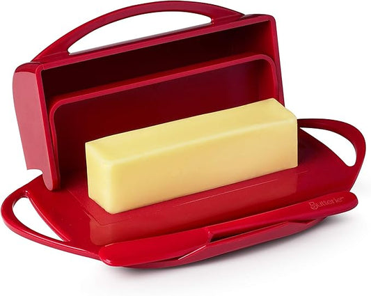 Butterie Flip-Top Butter Dish with Lid & Matching Knife, Holds 2 Sticks/European Butter, No-Mess Butter Holder, Shatterproof, Dishwasher Safe, Red