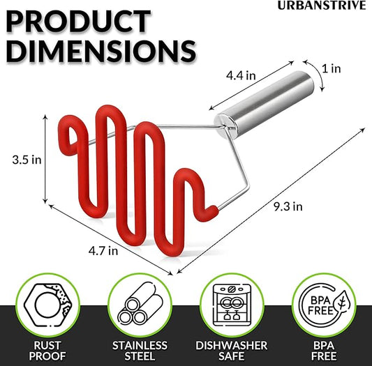 Urbanstrive Non-Scratch Silicone Potato Masher Kitchen Tool, Potatoes Masher Potato Masher Stainless Steel Wrapped In Premium Silicone, Potato Smasher, Red