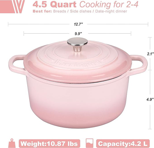 VORRINGARD Enameled Cast Iron Dutch Oven Pot with Lid, for Sourdough Bread Baking, Round Dutch Ovens, 4.5 Quart, Pink