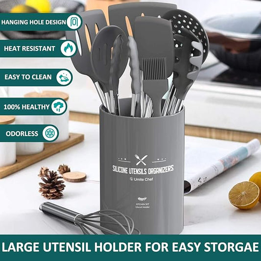 Stainless Steel Kitchen Cooking Utensil Set, Umite Chef 15 pcs Cooking Utensils - Nonstick Kitchen Utensils Cookware Set Spatula Set -Kitchen Gadgets Utensils Set, Kitchen Tools Gift (Gray)