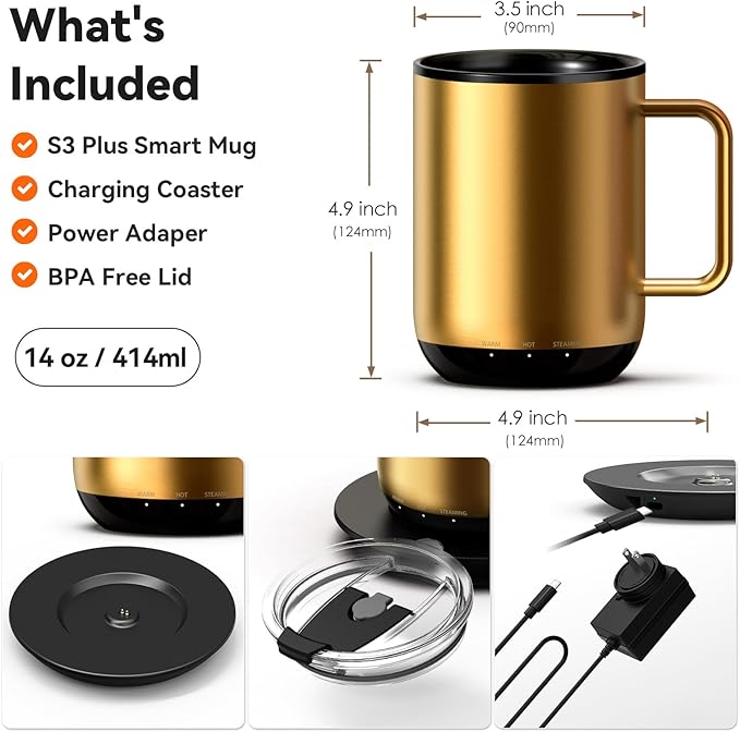 Vsitoo S3 Plus 14oz Heated Coffee Mug- Temperature Control Smart Mug with Mug Warmer, Auto-Sensing AI Heats Drinks to 120-150°F Hands-Free.Ideal for Home/Office/Gifts,Gold