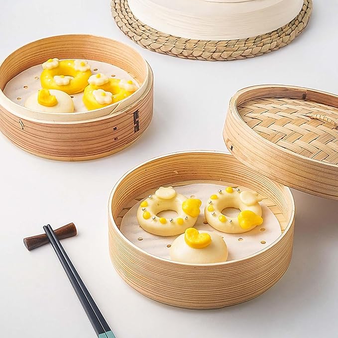 100 PCS Bamboo Steamer Liner, 11 Inch Round Air Fryer Parchment Paper with Holes, White Non-Stick Steamer Paper Sheet