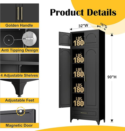 Kitchen Pantry Cabinet,90" Storage Cabinets with Doors and Shelves,Metal Pantry Cabinet with Drawers,White Kitchen Cupboard for Livingroom,Pantry, Bathroom