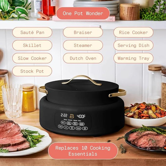 Beautiful 10-in-1 Electric Multi-Cooker by Drew Barrymore, 6-quart, digital display, 10 cooking functions, non-stick pot, easy one-touch control (Black Sesame)