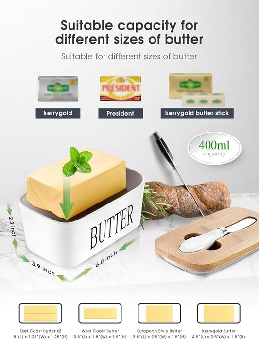 Butter Dish with Lid: Large Butter Dish for Countertop - Ceramic Butter Keeper Container with Knife and High Quality - Silicone Sealing Butter Box for Home Decor Good Kitchen Gift Black White