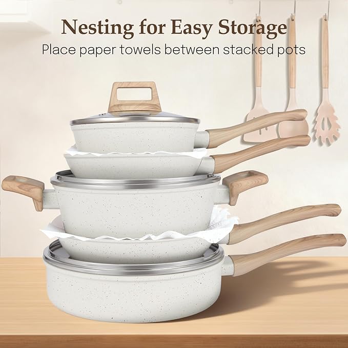 Pots and Pans Set Non Stick, Non-Toxic Ceramic Cookware Set, 11pcs Induction Cookware, Kitchen Cooking Set with Frying Pans, Saucepan, Stock Pot, PFOA Free & PFOS Free, Cream Color