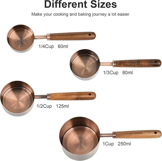 Measuring Cups and Spoons Set with Wood Handle, Stainless Steel Measuring Cup and Spoons Set, Copper Measuring Cups and Spoons for Kitchen & Baking