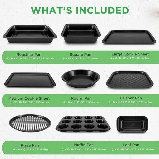NutriChef 10-Piece Non-Stick Baking Set – Heavy-Duty Carbon Steel Bakeware Set w/ Cookie Sheets, Muffin Pan, Roasting Pan, Cake Pan, Baking Tray, Pizza Pan – Effortless Food Release & Easy Cleanup
