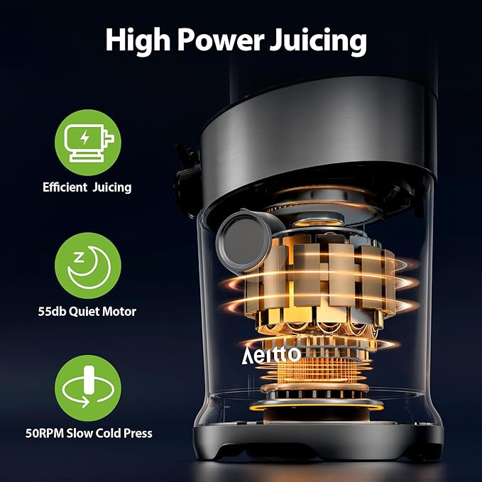 Cold Press Juicer,Aeitto 4.9" Large Feed Chute Juicer Machines for Whole Fruits & Vegetables,High Juice Yield,Professional Masticating juicer Easy to Clean,Grey
