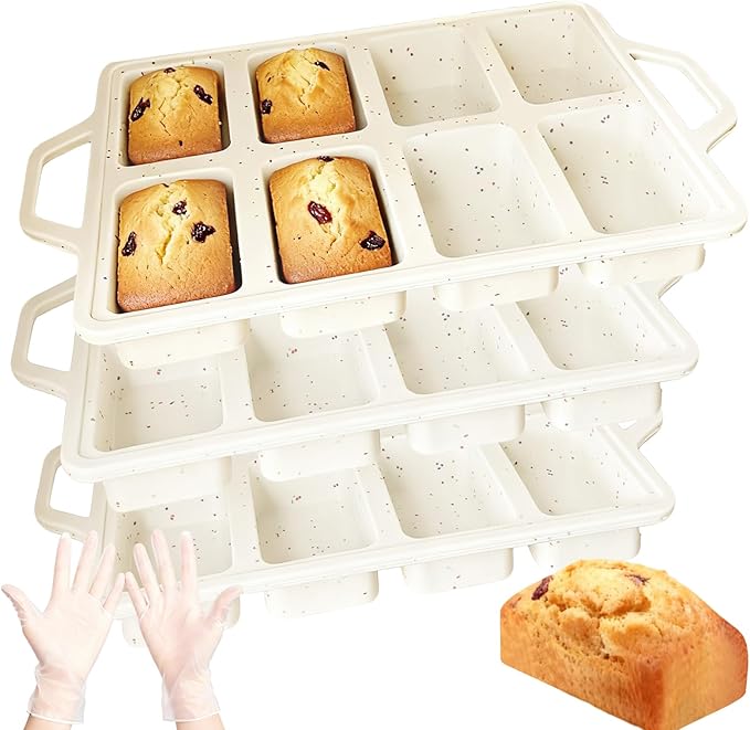 3PCS Silicone Mini Loaf Pans with Metal Reinforced Frame and Gloves, 8 Cavity Non Stick Small Bread Pan, Small Bread Pans for Baking, Tiny Meatloaf Pan for Brownie Pan-Cream Dishwasher Safe BPA Free