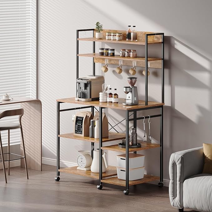 Kitchen Bakers Rack with Storage,Microwave Stand with Wheels,with Adjustable Shelves,Kitchen Shelves,Coffee Bar with 10 S-Shaped Hooks,35.4 * 15.8 * 61 Inches,Rustic Brown