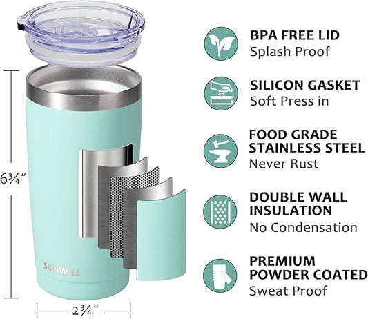 SUNWILL Travel Coffee Tumbler 20 oz, Insulated Mug with Lid, Stainless Steel Cup for Outdoor, Powder Coated Mint