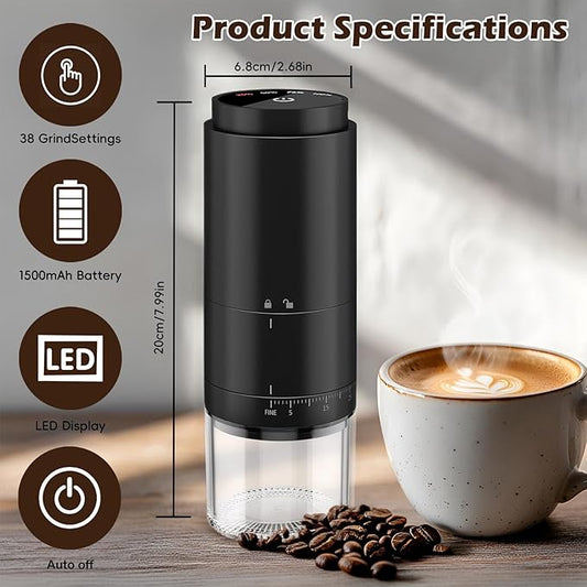 OUUTIIOL Portable Electric Coffee Grinder Rechargeable,Office 38 Adjustable Grinding Settings, LED Battery Indicator Shows Remaining Battery, Suitable for Travel, Camping, Office