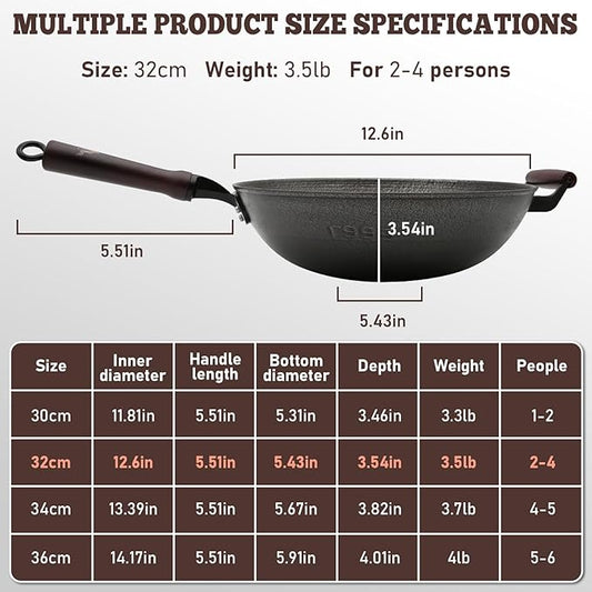 HONGJIANG Cast Iron Wok Pan with Lid, 12.6" Pre-Seasoned Flat Bottom Wok, Coating-Free Wok Stir Fry Pan, Compatible Traditional Chinese Wok for Induction, Electric, Gas, Open Fire