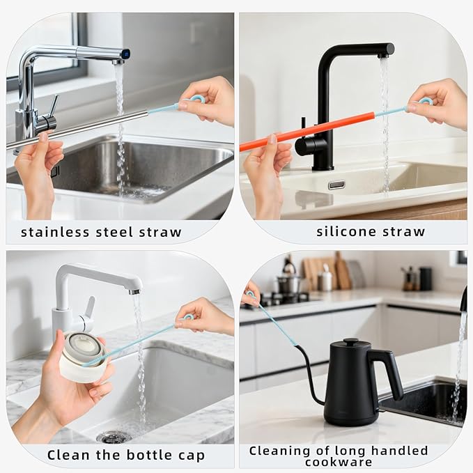 Silicone Straw Cleaner Brush, 4-Piece Reusable Straw Brush Set with Extra-Long Design for Cleaning Thin Metal Straws and Wider Milkshake Straws (6mm+9mm Blue)