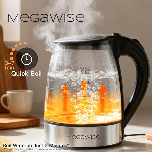 Megawise Electric Glass Kettle with Auto Shut-Off, BPA-Free, Stainless Steel Inner Lid & Base, Blue LED Indicator, Easy Clean, Cord Storage (1.8L)