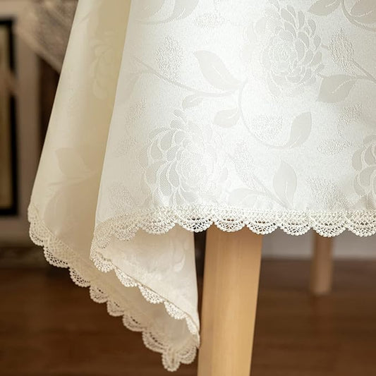 Rose Jacquard Textured Tablecloth Waterproof Spillproof Lace Trim Rectangle Table Cloth, Oblong Table Cover for Kitchen Dinning Tabletop Decor,60x120 Inch,Ivory White