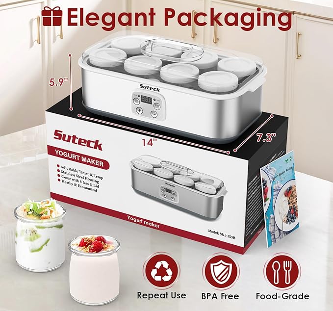 Suteck Yogurt Maker - Stainless Steel Yogurt Makers with Adjustable Time & Temp Control,Automatic Shut-Off & Constant Temper for Homemade Greek, Probiotic Yogurt, BPA-Free 8 Glass Jars (48 oz)