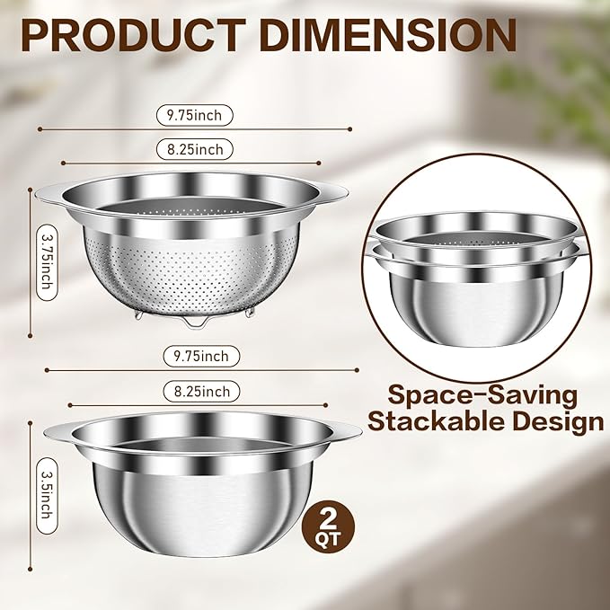 Stainless Steel Colanders 2-quart with Mixing Bowls, Strainers and Colanders, Strainer for Kitchen for washing soaking vegetables, fruit, rice, Microporous Colander, Dishwasher Safe