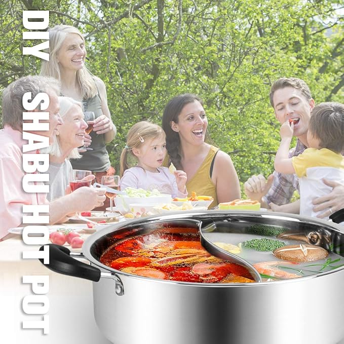 Hot Pot with Divider, Shabu Shabu Hot Pots Food Grade Stainless Steel Chinese Dual Sided Pot Set for Induction Cooktop Gas Stove