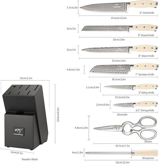 NANFANG BROTHERS Knife Set, 9 Pieces Damascus Kitchen Knife Set with Block, ABS Ergonomic Handle for Chef Knife Set, Knife Sharpener and Kitchen Shears, Knives for Chopping, Slicing & Cutting