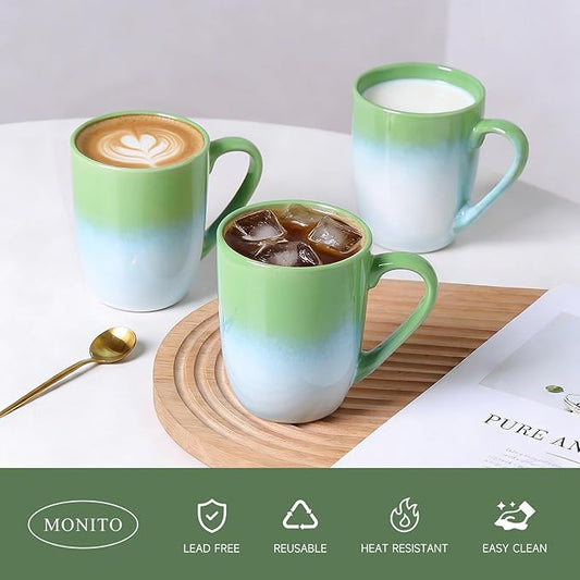 MONITO 14 OZ Coffee Mugs Set of 6, Large Ceramic Coffee Mugs,Modern Coffee Mugs Set with handle for Tea/Latte/Cappuccino/Milk/Cocoa, Funny Tea Cups for Office and Home (White-green)