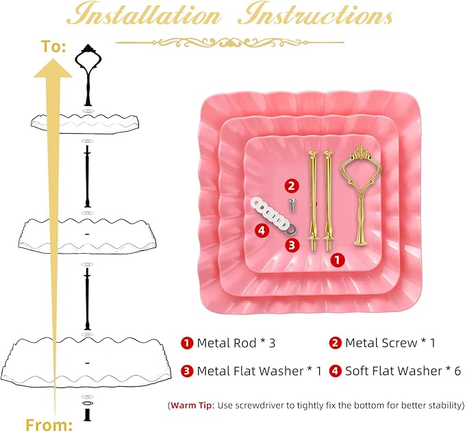 Dessert Cupcake Stand, 3 Tier Cup Cake Holder Tower for Tea Party/Birthday/Wedding, Plastic Tiered Serving Tray with Metal Rod, Pink
