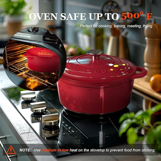 Overmont 5.5QT Enameled Cast Iron Dutch Oven with Lid Cookbook Heavy-Duty Casserole with Dual handles for Braising, Stews, Roasting, Bread Baking
