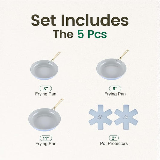 Chef Power Ceramic Frying Pan with Stainless Steel handle 5Pcs Set, Non Stick Grill Pan Set, Dishwasher and Oven Safe, Light Blue and Granite Grey