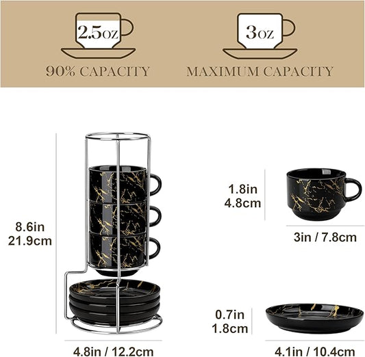 MALACASA 2.5 OZ Porcelain Espresso Cups with Saucers and Metal Stand Set of 4, Stackable Cappuccino Cups, Marble Black Expresso Shots Cup Set for Coffee Drinks, Latte, Tea