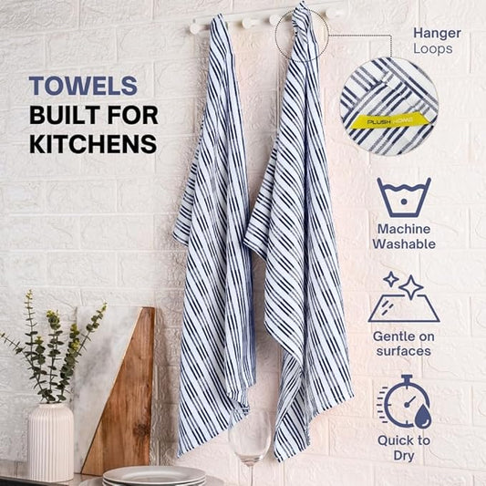Kitchen Towel Set of 6-100% Cotton Quick-Drying & Absorbent Dish Cloths - 18x28 Inch Farmhouse Tea Towels with Blue Stripes, Twill Weave