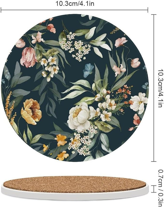 Round-4PCS Floral Ceramic Coasters, Round Absorbent Drink Coasters, Watercolour Leaf Flower Herb Nature Plant Floral Ceramic Table Coasters for Coffee, Beverage, Wine, Beer Coasters