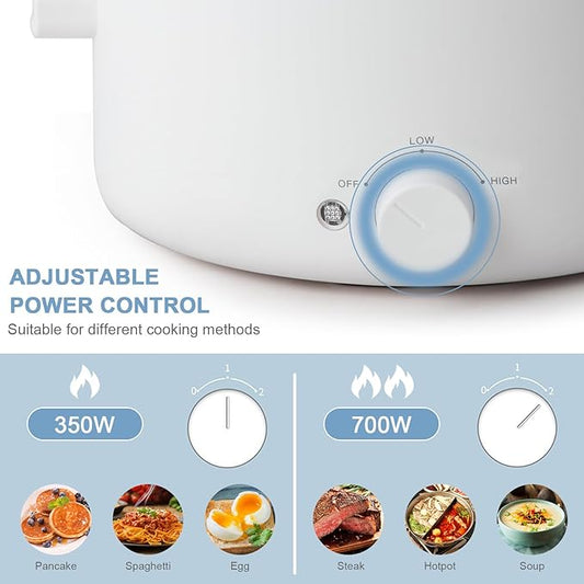 Electric Steamer for Cooking, 2L Ceramic Glaze Non-stick Pot, Dual Power Multi-functional Electric Cooker, Suitable for Steak, Pasta, Hot Pot, Ramen, Quick Heating and Overheat Protection