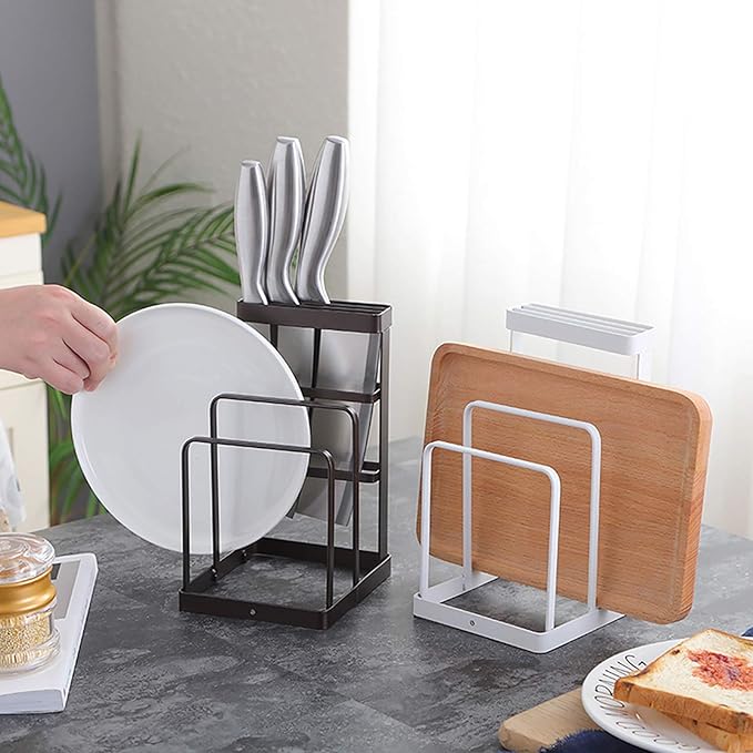 VANRA Metal Knife Block Without Knives, Multifunctional Knife Holder with 2 Layers Cutting Board Rack Dish Rack, Kitchen Storage Organizer,White