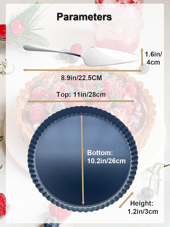 Yamteck 11 Inch Quiche Pans with Pie Cake Server. Removable Bottom, Non-Stick Coating, Rugged Carbon Steel for Tart Quiche Pie Baking. Gift for Women Wife Christmas Thanksgiving Party Festival Family