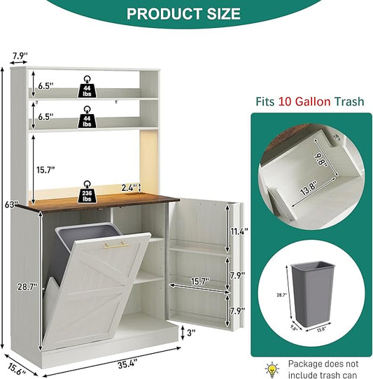 63" H Pantry Cabinets with 10 Gallon Trash Can,Led Light,Outlet,35" W Kitchen Hutch with Tilt Out Trash Can Cabinet,Farmhouse Cupboard with Large Countertop