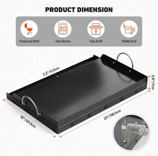 Onlyfire Universal BBQ Griddle with Handles for Charcoal/Gas Grills, Ceramic Coated Non-stick Flat Top Griddle for Outdoor Cooking, 23" x 16"