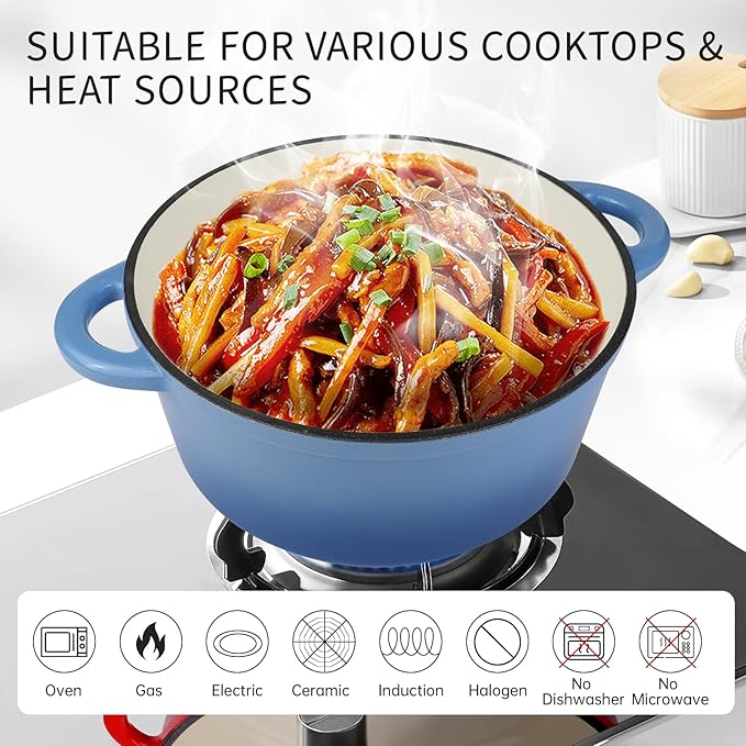 CookNexa 6 Quart Enameled Cast Iron Dutch Oven Pot with Lid and Silicone Accessories, Oven Safe up to 500°F or on Stovetop, Non-stick Dutch Oven for Bread Baking, Cooking, Dual Handles Cookware, Light Blue