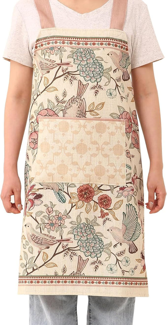 patdrea Blue Floral Linen Apron with Pocket,French Kitchen Garden Chef BBQ Aprons for Women and Men,Crisscross Back Straps