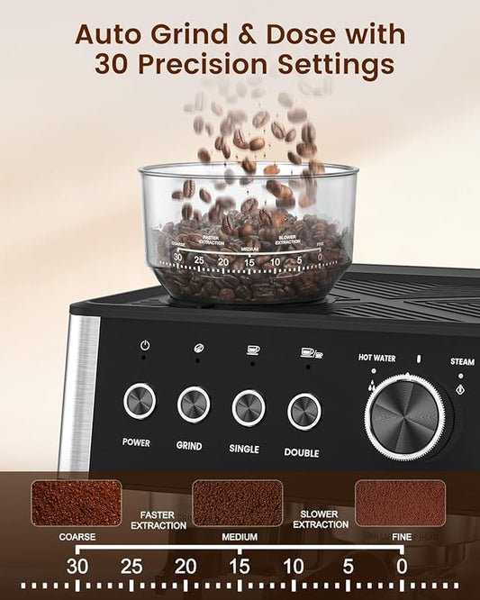 (2025 Upgrade)20 Bar Espresso Machine with Built-in Anti-Clog Coffee Grinder, Expresso Coffee Machines with Milk Steam Wand/Frother/Tamping Tools,Espresso Maker with Grinder for Lattes-Charcoal