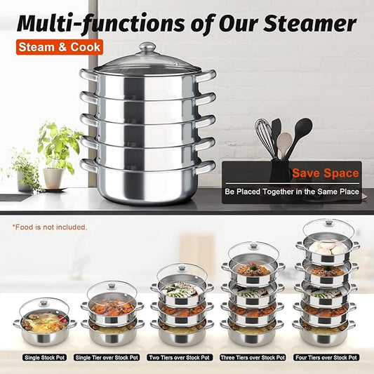 Large 5-Tier Stainless Steel Steamer Pot, Multi-Layer Stackable Food Steamer with Glass Lid, for Healthy Cooking, Steaming and Boiling, Multi-Functional Cookware (Type 1: Silver, 30cm)